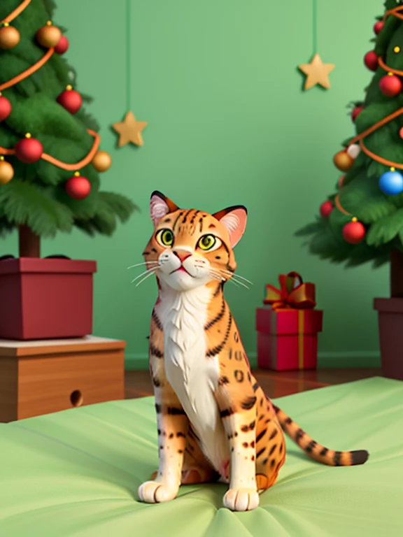 a Cartoon close up of a big brown cat with spots like a leopard, on Christmas environment. Christmas tree with vibrant colors giftscolor there is a cat that is lying on a bed with a green blanket, Brazos estirados, Hacer una pose atrevida, haciendo una pos...