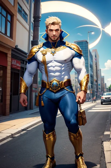 homem bonito, natural physique, white hero uniform, dourado, azul, diamond chest symbol, blue pants, bota de cor branca, olhos castanhos claro, olhar com luz, with arms extended upwards, olhar sorridente, City scenery, ambulante