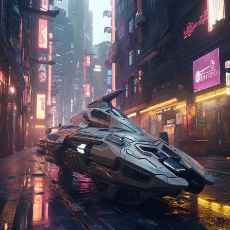 Cidade futuristica，There is a futuristic vehicle in the middle of a wet street, Background cyberpunk spaceship, Star Citizen Digital Art, Sci-fi cyberpunk city streets, Cyberpunk art hyperrealism 8k, Surreal cyberpunk style, Surreal cyberpunk city, Cyberpu...