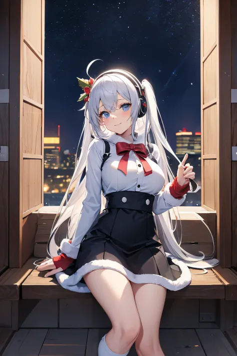 "anime girl, 1 person, silver white hair mixed with black, blue eyes, wearing headphones, Santa shirt, Santa outfit, Christmas outfit, winter outfit, red winter dress, big breasts,  long socks, standing cross-legged, smiling shyly, blushing, looking sidewa...