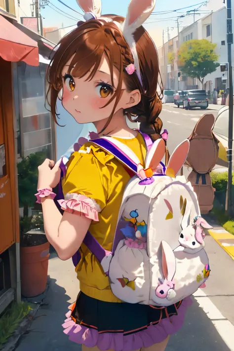 ((Brown hair)),((Braided shorthair)),((Brown eyes)),(With bangs),Slight red tide,(Rabbit ),(Clothing with a lot of frills:1.5),(Navel Bow Style),(Gorgeous and cute costumes like idols:1.2),(Rabbit tail:1.25),(paint art on the body:1.2),(Colorful and cute w...