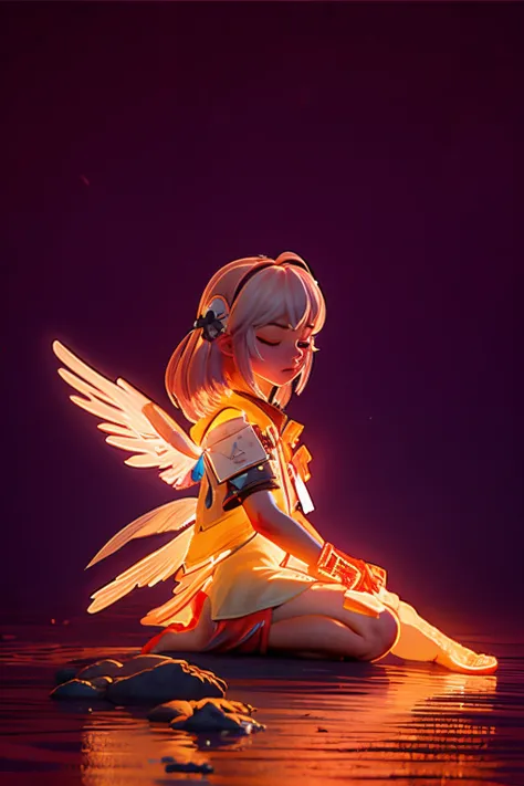 tiny girl with long white hair, eyes closed, slim, harmless, big sized angel wings, poser, bad ass,glowing clothes,(best quality, serious,Neon Light. sitting on a floating spiky rocks