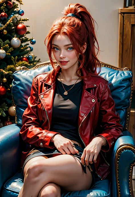 Beautiful woman with blue eyes, red hair, ponytail, black blouse and red jacket, sitting in an armchair, Beautiful woman, American girl, 19 years old, smile, Christmas cap