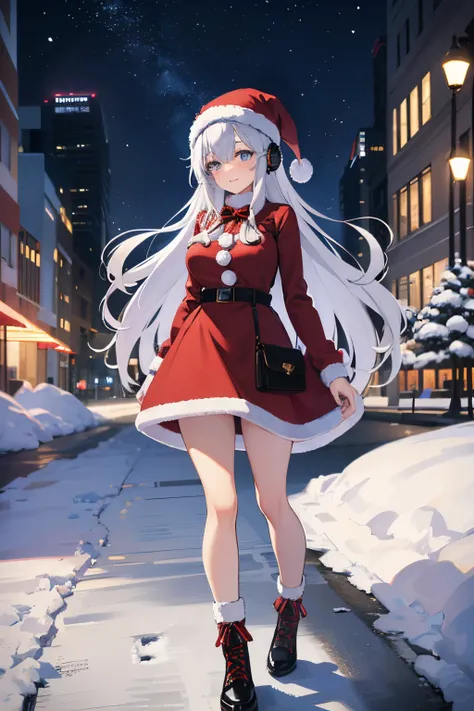 "anime girl, 1 person, silver white hair mixed with black, blue eyes, wearing headphones, Santa shirt, Santa outfit, Christmas outfit, winter outfit, red winter dress, big breasts,  long socks, standing cross-legged, smiling shyly, blushing, looking sidewa...