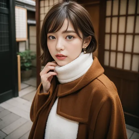 1girl in,  brown_Eyes, brown_haar, coat, Cross_earrings, 耳环, furred, Fur trim med_coat, furr_Collar, furr_scarf, furr_trim, jewely, s lips, Shorthair, Streets of Kyoto,fully body photo,Traditional streets of Japan,Shrines and temples,up looking_で_viewer, p...