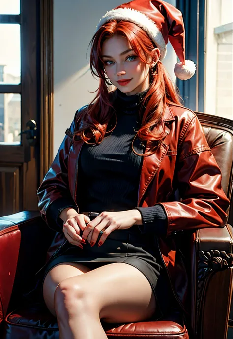 Beautiful woman with blue eyes, red hair, ponytail, black blouse and red jacket, sitting in an armchair, Beautiful woman, American girl, 19 years old, smile, Santa Claus hat on her head