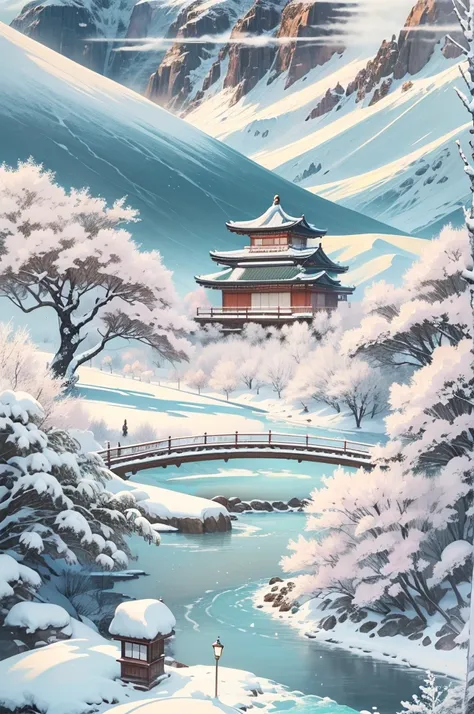 (Best Quality, 8K, masutepiece :1.3), snow mountains, Quiet snow-capped landscape, Breathtaking natural landscapes, Outside, traditional japanese building, quiet mountain resort, A quiet winter wonderland, Snow-covered peaks, Majestic beauty, pristine whit...