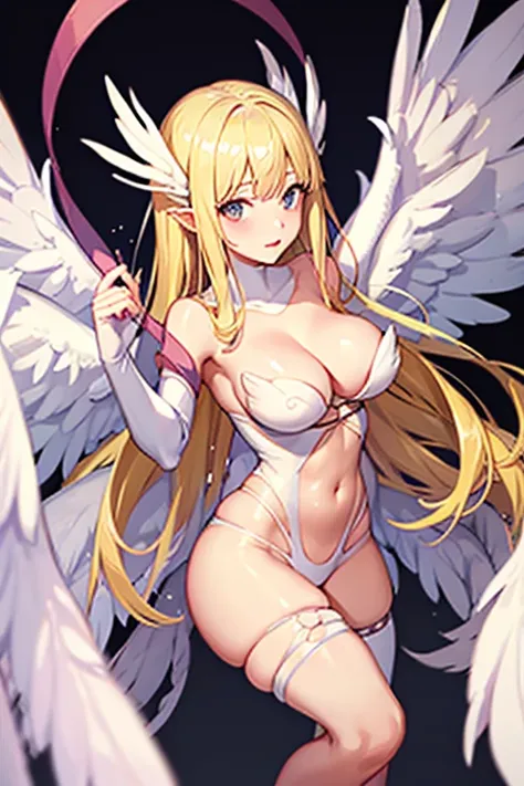 blonde hair, white bra, white lingerie, white underwear, long hair, angel wings,large breasts, bare shoulders, elbow gloves, feathered wings, gloves, head wings, navel, pink ribbon, ribbon, single elbow glove, single glove, thigh strap, wings