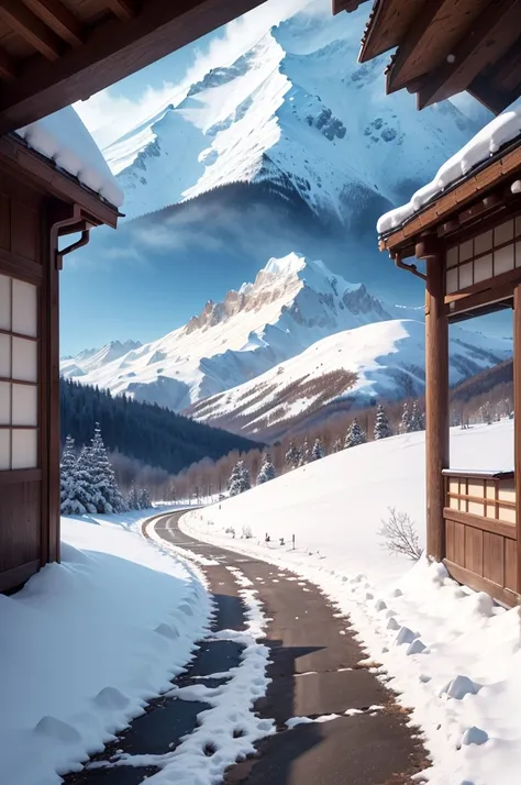 (Best Quality, 8K, masutepiece :1.3), snow mountains, Quiet snow-capped landscape, Breathtaking natural landscapes, Outside, traditional japanese building, quiet mountain resort, A quiet winter wonderland, Snow-covered peaks, Majestic beauty, pristine whit...