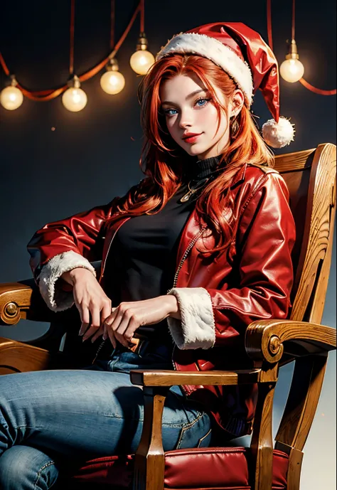 Beautiful woman with blue eyes, red hair, ponytail, black blouse and red jacket, sitting in an armchair, Beautiful woman, American girl, 19 years old, smile, Santa Claus hat on her head, Christmas background