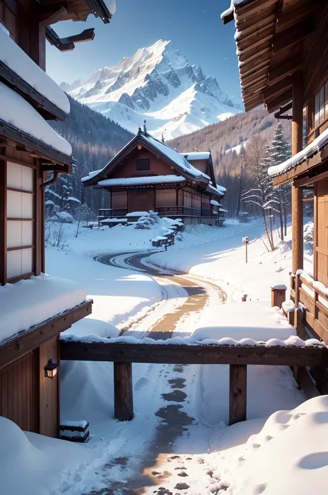 (Best Quality, 8K, masutepiece :1.3), snow mountains, Quiet snow-capped landscape, Breathtaking natural landscapes, Outside, traditional japanese building, quiet mountain resort, A quiet winter wonderland, Snow-covered peaks, Majestic beauty, pristine whit...