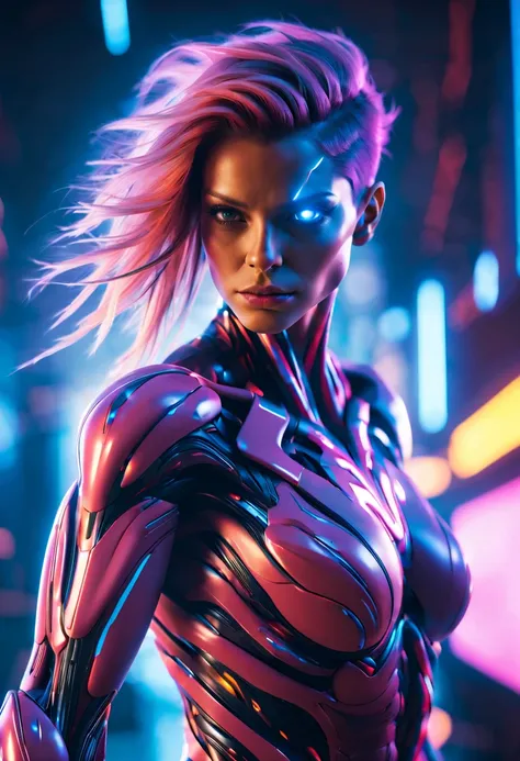 (1girl:1.5), Cinematic, hyper-detailed, and insanely detailed, this artwork captures the essence of a hairless muscular female android girl. Beautiful color grading, enhancing the overall cinematic feel. Unreal Engine brings her anatomic cybernetic muscle ...