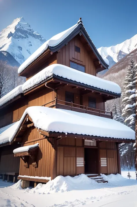 (Best Quality, 8K, masutepiece :1.3), snow mountains, Quiet snow-capped landscape, Breathtaking natural landscapes, Outside, traditional japanese building, quiet mountain resort, A quiet winter wonderland, Snow-covered peaks, Majestic beauty, pristine whit...