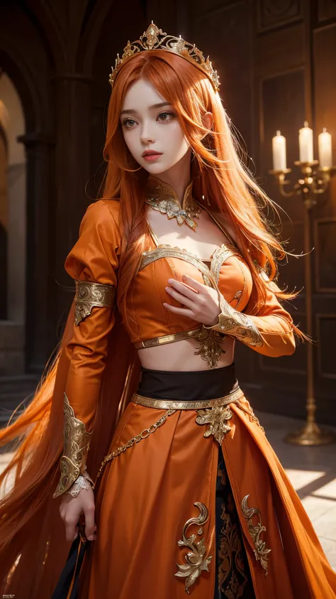 model shoot, (1 girl), long hair, orange hair, Islamic warrior, orange outfit, laces, shining:1.5, hyper realistic, super detailed, Dynamic shot, masterpiece, scene sharp détails, perfect eyes, perfect skin, perfect hands, attractive pose,