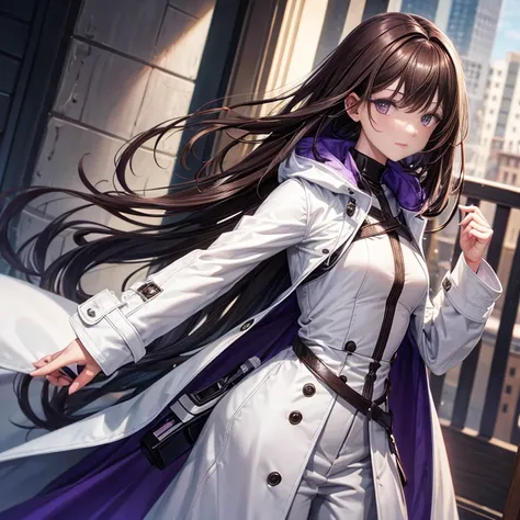 An Android, tied up dark brown hair, bright violet eyes, and white long coat