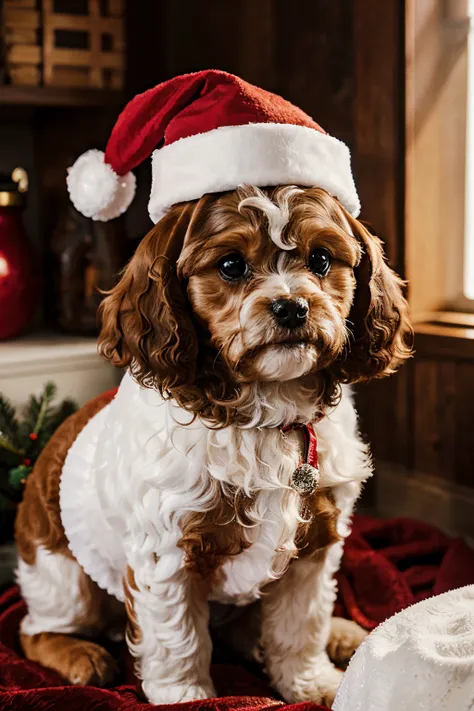 a beautiful christmas themed picture of a (brown and white cavapoo). Christmas decorations. Santa hat. Digital art. Highest quality.