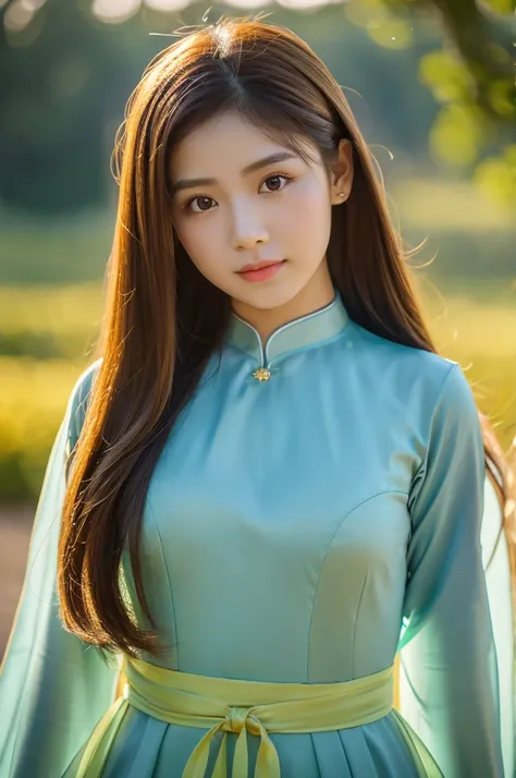 golden ao dai, ao dai, asian girl, vietnam, vietnamese, satin, pretty girl, emotion , long hair, Realistic lighting, delicate face, big double eyelids, Sexy expression, Body perfect anatomy,Top Quality, 8K Resolution , full body , realistic , real human , ...