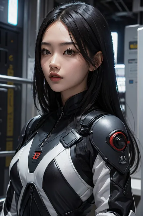 Black hair, asian woman, beautiful, sci-fi cool suit, portrait