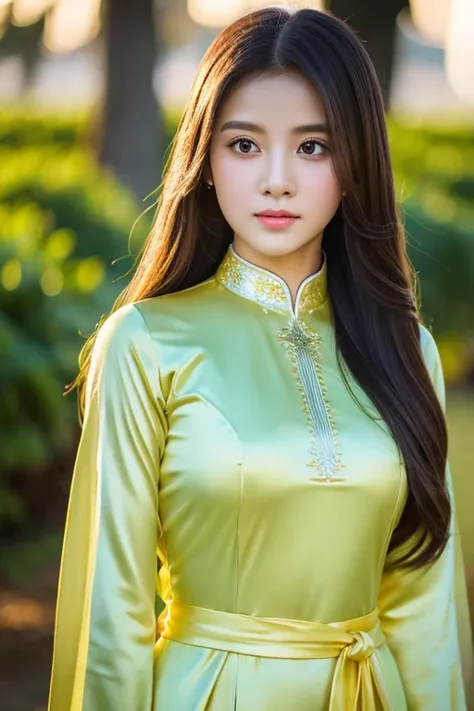 golden ao dai, ao dai, vietnamese girl, vietnam, vietnamese, satin, pretty girl, emotion , long hair, Realistic lighting, delicate face, big double eyelids, Sexy expression, Body perfect anatomy,Top Quality, 8K Resolution , full body , realistic , real hum...