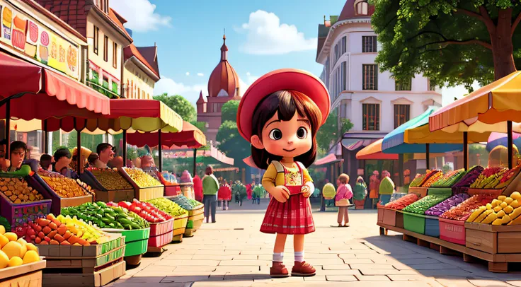 Imagine a vibrant market square, bustling with activity. Lily, a cheerful little girl, stands beside her mother, eager to explore the colorful stalls filled with fruits, vegetables, flowers, and toys.