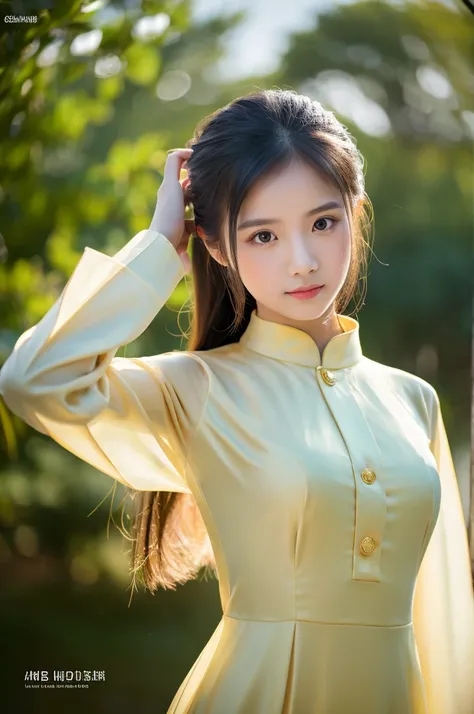 golden ao dai, ao dai, vietnamese girl, vietnam, vietnamese, satin, pretty girl, emotion , long hair, Realistic lighting, delicate face, big double eyelids, Sexy expression, Body perfect anatomy,Top Quality, 8K Resolution , full body , realistic , real hum...