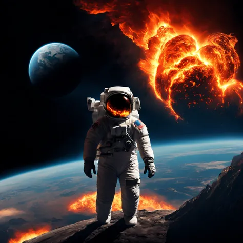 astronaut witnessing a planet engulfed in flames