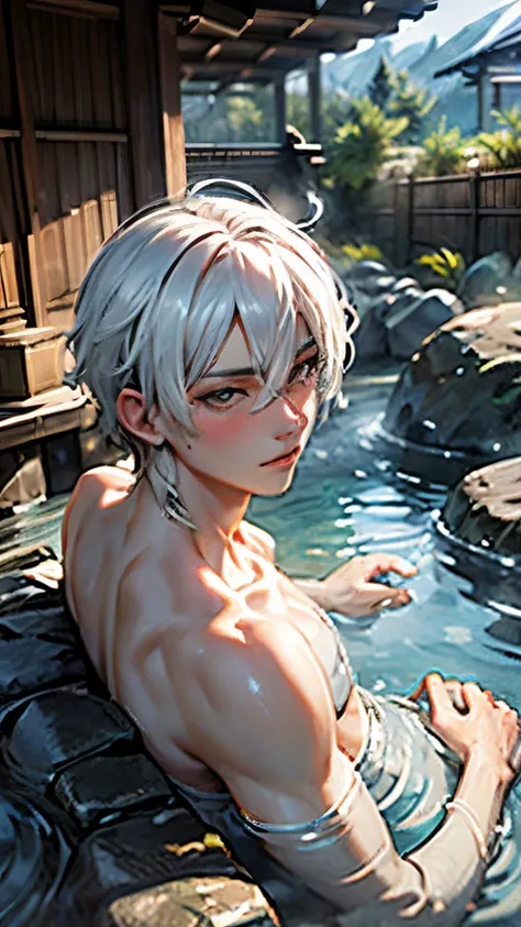 outdoor bath、hot onsen、male people、beckoning、White hair、de pele branca、Rock、steam、Looking at the camera