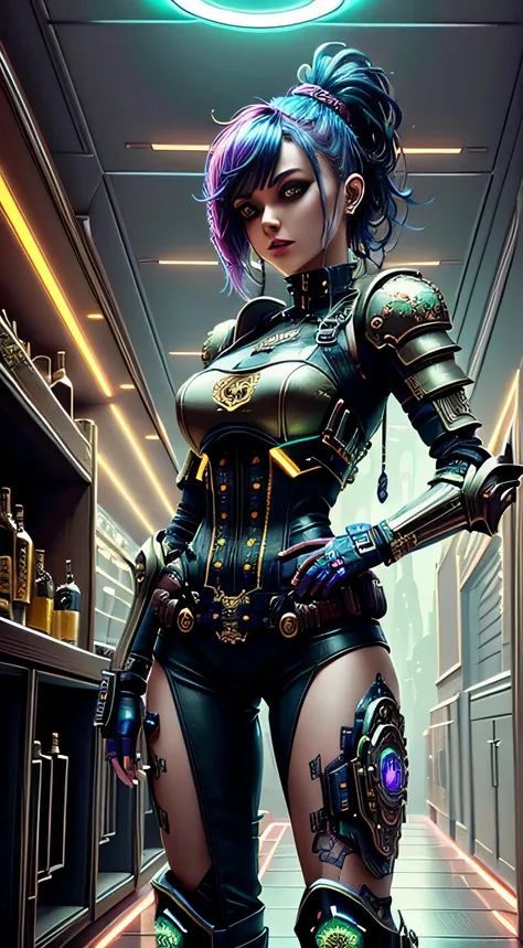 (Alcohol ink illustration with intricate details:1.3), (Intricate details blend sci-fi and clockpunk architecture:1.1), Futuristic neon glow, ((Detail of android girl in pastel goth punk armor:1.3)), hold a futuristic gun, ((A world that combines the atmos...