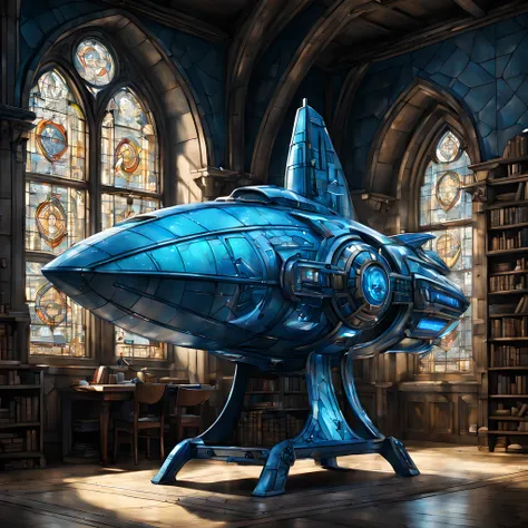 (cute cartoon style:1.3), (side view:1.3), ((blue print of the futuristic ship with a sleek design)) (on a medieval table), sword, gothic castle room, stained glass, books, More Detail