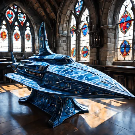 (cute cartoon style:1.3), (side view:1.3), ((blue print of the futuristic ship with a sleek design)) (on a medieval table), sword, gothic castle room, stained glass, More Detail