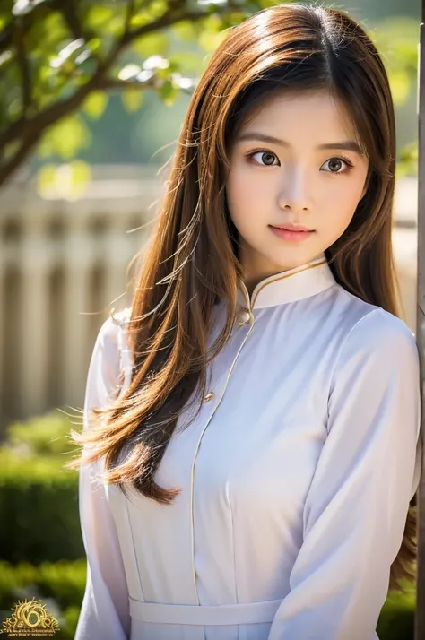 golden ao dai, ao dai, vietnamese girl, vietnam, vietnamese, satin, pretty girl, emotion , long hair, Realistic lighting, delicate face, big double eyelids, Sexy expression, Body perfect anatomy,Top Quality, 8K Resolution , full body , realistic , real hum...