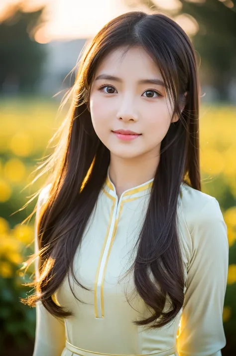 golden ao dai, ao dai, vietnamese girl, vietnam, vietnamese, satin, pretty girl, emotion , long hair, Realistic lighting, delicate face, big double eyelids, Sexy expression, Body perfect anatomy,Top Quality, 8K Resolution , full body , realistic , real hum...