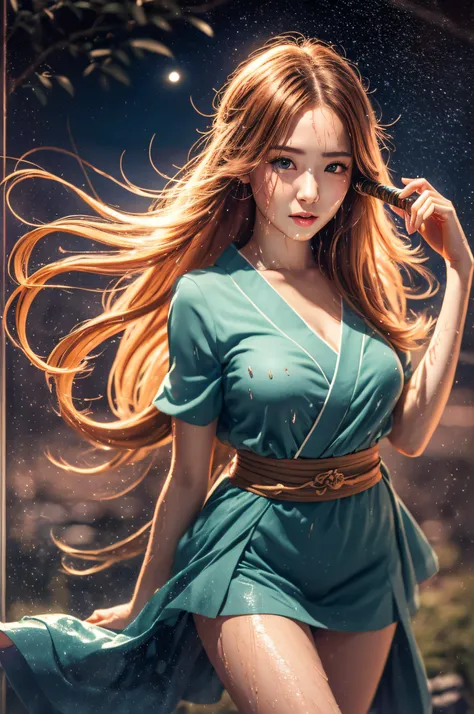 8k, High Resolution, high contrast, beautiful girl, beautiful body, full body, long hair, blue eyes, beautiful face, japanese dress, short skirt, cleavege, moonlight, wet ground, lot of stars in the sky, raindrops, dark blue sky, holding a katana,