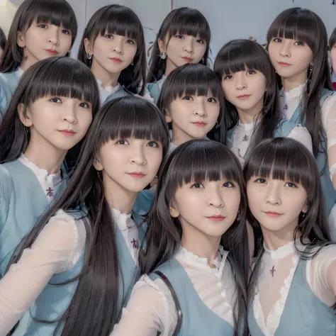 raw photo、(((multiple girls))),((((6+girls)))),women only、the same face、((matching school uniform))、12 years old、((a dark-haired...