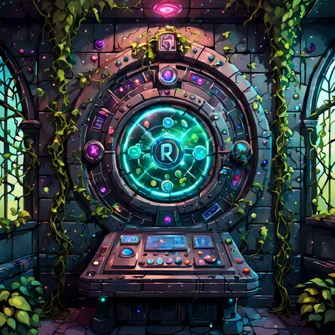 (cute cartoon style:1.3), ((holographic runes floating near the wall covered with vines)), futuristic artifacts, ((ethereal)), ((inside a mysterious ancient castle room)), (((futuristic control panel with buttons))), ((gothic interior)), More Detail