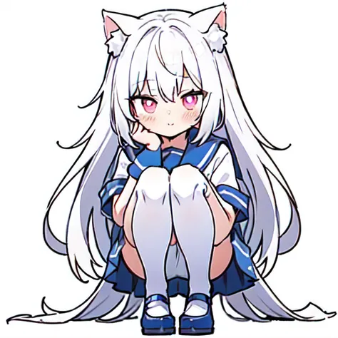 Background on white background，Super cute Q version of white-haired catwoman，Wearing a light blue sailor suit，Squatting and sitting in white stockings，Sell moe，pink eyes and pupils，hyper HD, high detal, high high quality, Best quality, A high resolution