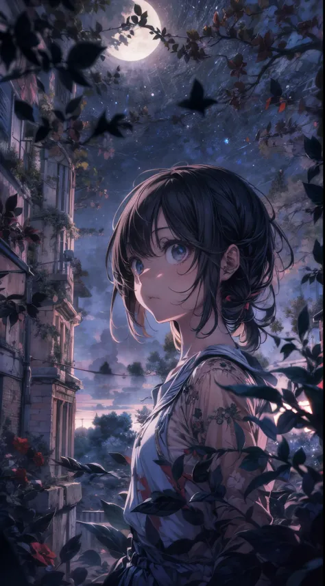 Create an image in the style of Kyle Thompson, featuring an anime-style girl character. She stands in an abandoned park filled with black roses, symbolizing death. The scene is illuminated by moonlight, which adds depth to the image. Use shallow focus to e...