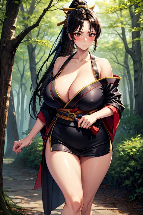 masterpiece, best quality, ultra high res, ultra-detailed, long black hair, ponytail, brown eyes, huge breasts, wide hips, samurai girl, kimono, , young , 1 girl, alone, takeda hiromitsu style, blush, beautiful, forest, tree, belt, serious,