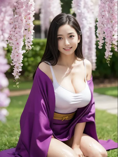 masutepiece, (Pink kimono), Seductive face, good lighting, décolleté, Huge breasts, detaile, masutepiece, Glowing eyes, 1girl in, Black hair, gag , Nezuko Kamado, wisteria background, masutepiece, Best Quality, POV, Whole body, wide hips, Kneeling,  Tongue...