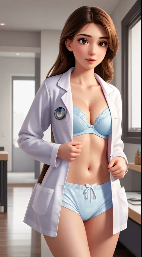 (Ultra photo realsisim, Best quality, Masterpiece) Perfect face, pretty, 2 girls, lab coat, bra, panties pajamas, Real, Realistic, Realistic and charming young woman, Hyper Real, Photo, Sexy, Sweat，small cleavage breasts(Round breasts), breasts press