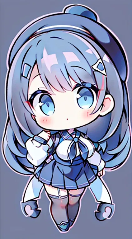 an anime girl, 1 person, Black hair, hair clip on the right side of bangs, Black Cap, Light blue eyes, white women shirt, A small light blue ribbon on the chest, Office Uniform, A tight-fitting shirt, Tight skirt, Stockings,Chibi,Full body, Big breasts, Fr...