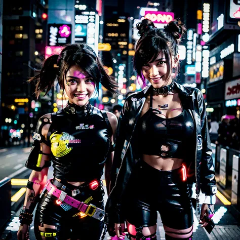 masterpiece, best quality, 2 ((smiling)) cyberpunk girls standing together, Harajuku-inspired cyberpunk body harness, bold colors and patterns, eye-catching accessories, trendy and innovative hairstyle, dazzling Cyberpunk cityscape, skyscrapers, glowing ne...