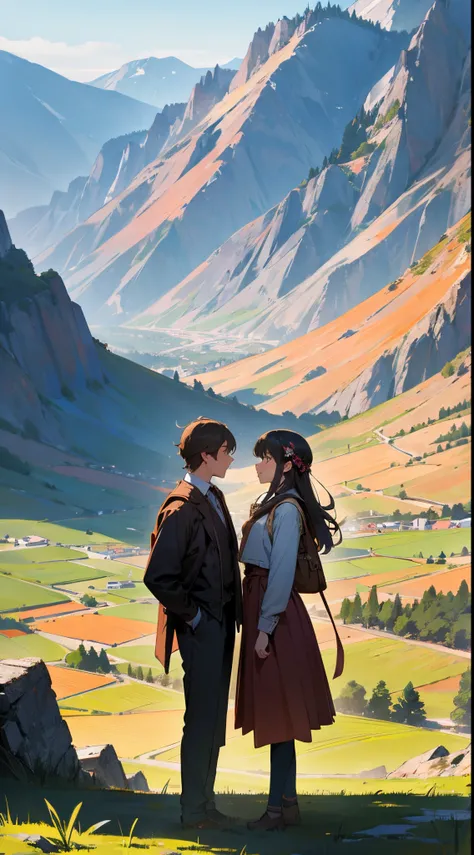 A lovely couple, standing beside the valley and mountain, which cinematic views