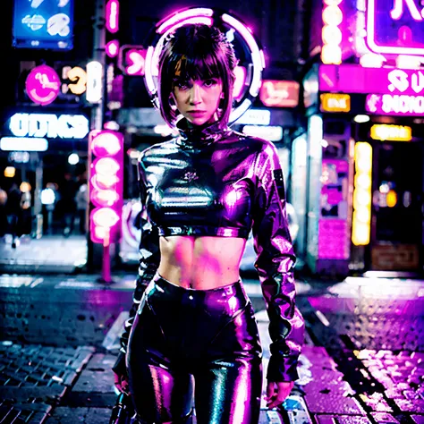 a girl in futuristic clothing posing under neon lights, in the style of photorealistic details, light silver and light magenta, dmitry kustanovich, street pop, , rtx on, selective focus --ar 3:4