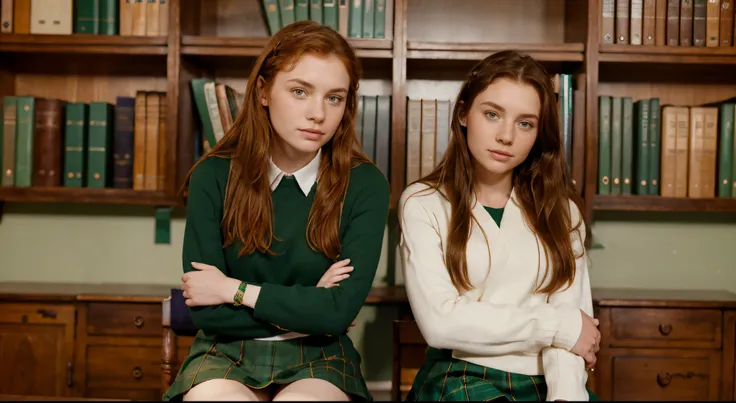 tall sitting figure very tall beautiful Irish redhead with freckles 24 years old with braided hair, green pullover and green tartan skirt sitting next to beautiful 22 year old bookish British girl with dark brunette hair wearing a white cricket pullover an...