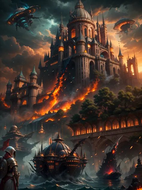 best quality,ultra-detailed,medieval kingdom invaded by alien ship,castle on a hill surrounded by lush greenery,dark stormy sky over the kingdom,medieval soldiers defending the kingdom,shining armor and swords,giant alien spaceship hovering above the castl...