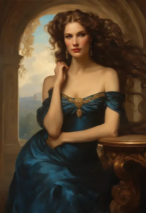 Painting of a beautiful and sexy woman, ((with long medusa hair, falling over her shoulders)) and a sapphire blue dress, ((French courtesan, Victorian Era, young daryl hannah style)), wearing a low-cut dress and corset black embroidery, in the background o...