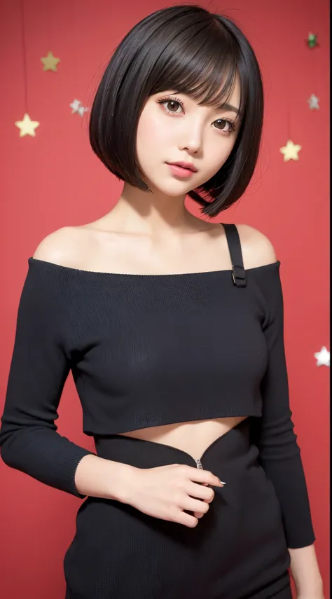 Cute woman with bob cut hair、Christmas Background