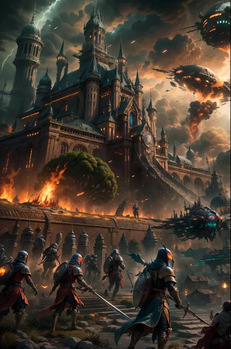 best quality,ultra-detailed,medieval kingdom invaded by alien ship,castle on a hill surrounded by lush greenery,dark stormy sky over the kingdom,medieval soldiers defending the kingdom,shining armor and swords,giant alien spaceship hovering above the castl...