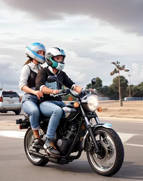 They are sitting on a motorbike, os dois com com capacete fechado, duas pessoas